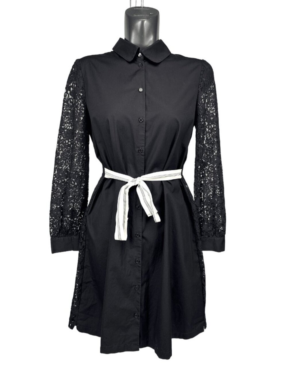 CLAUDIE PIERLOT 'Rosso' Cotton Lace Collared Black White Shirt Dress Size 40‎